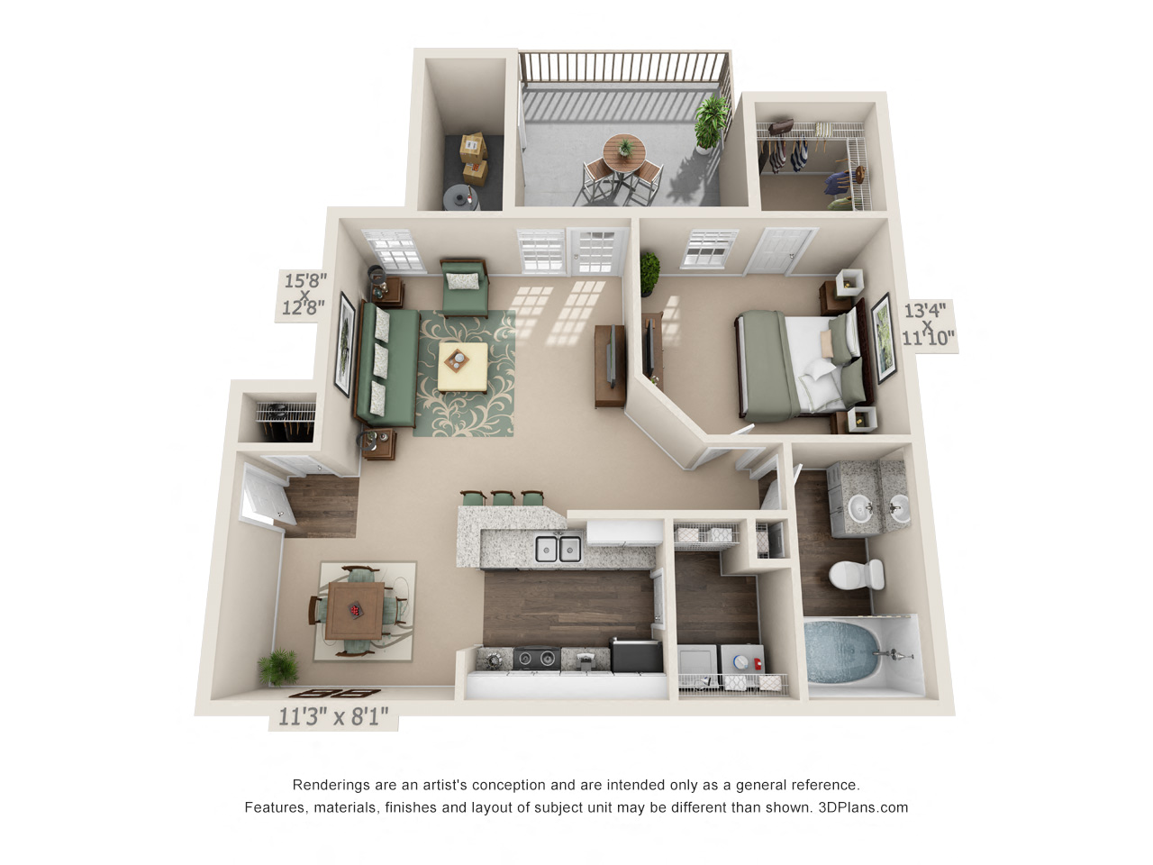 Floor plan for 1 bed, 1 bath, 817 sqft